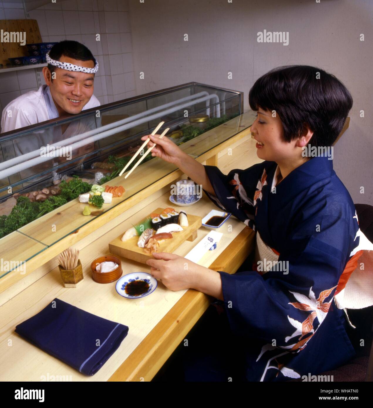 International Cooking . The Sashimi counter at the Japanese resaurant, Ikeda, in Mayfair, London.. . Sushi and Sashimi. . Japan. Stock Photo