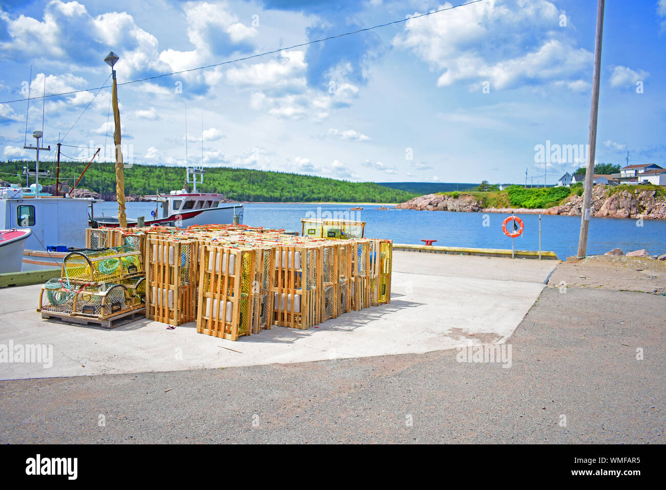 Lobster traps in canadian fishing harbor. Stock Photo