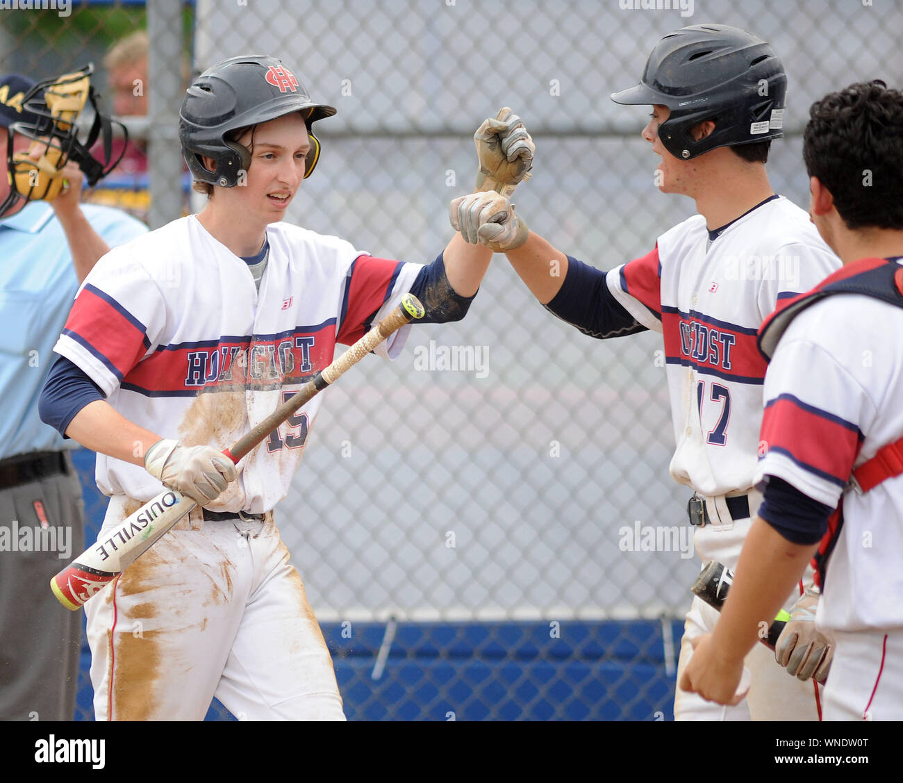 Holy Ghost Prep's Sean Kerrigan (15) is congratulated after sliding safely into home plate against Wissahickon in the fourth inning during the Distric Stock Photo