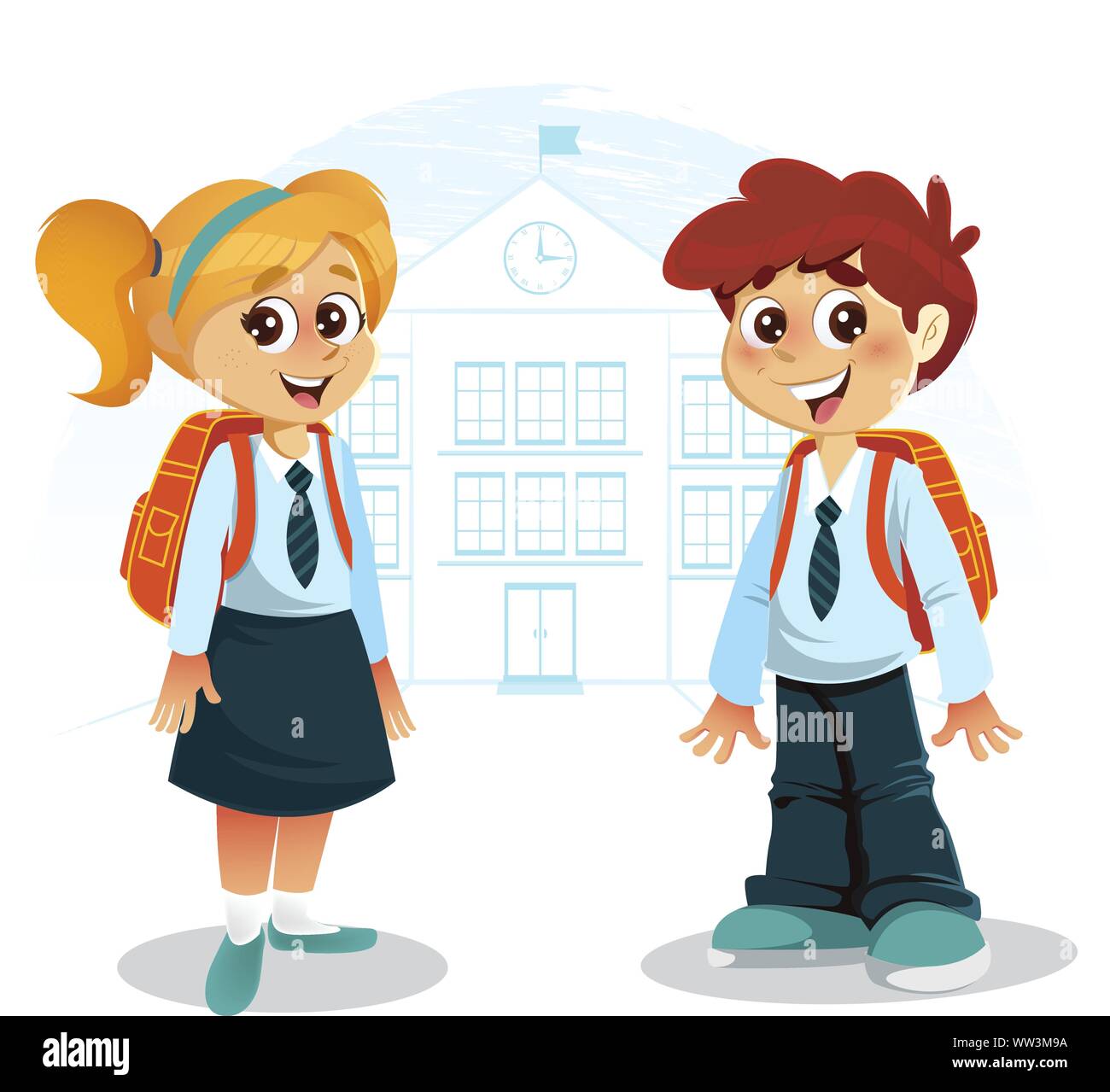 Happy Students Boy and Girl with Backpack in front of School Building Stock Vector