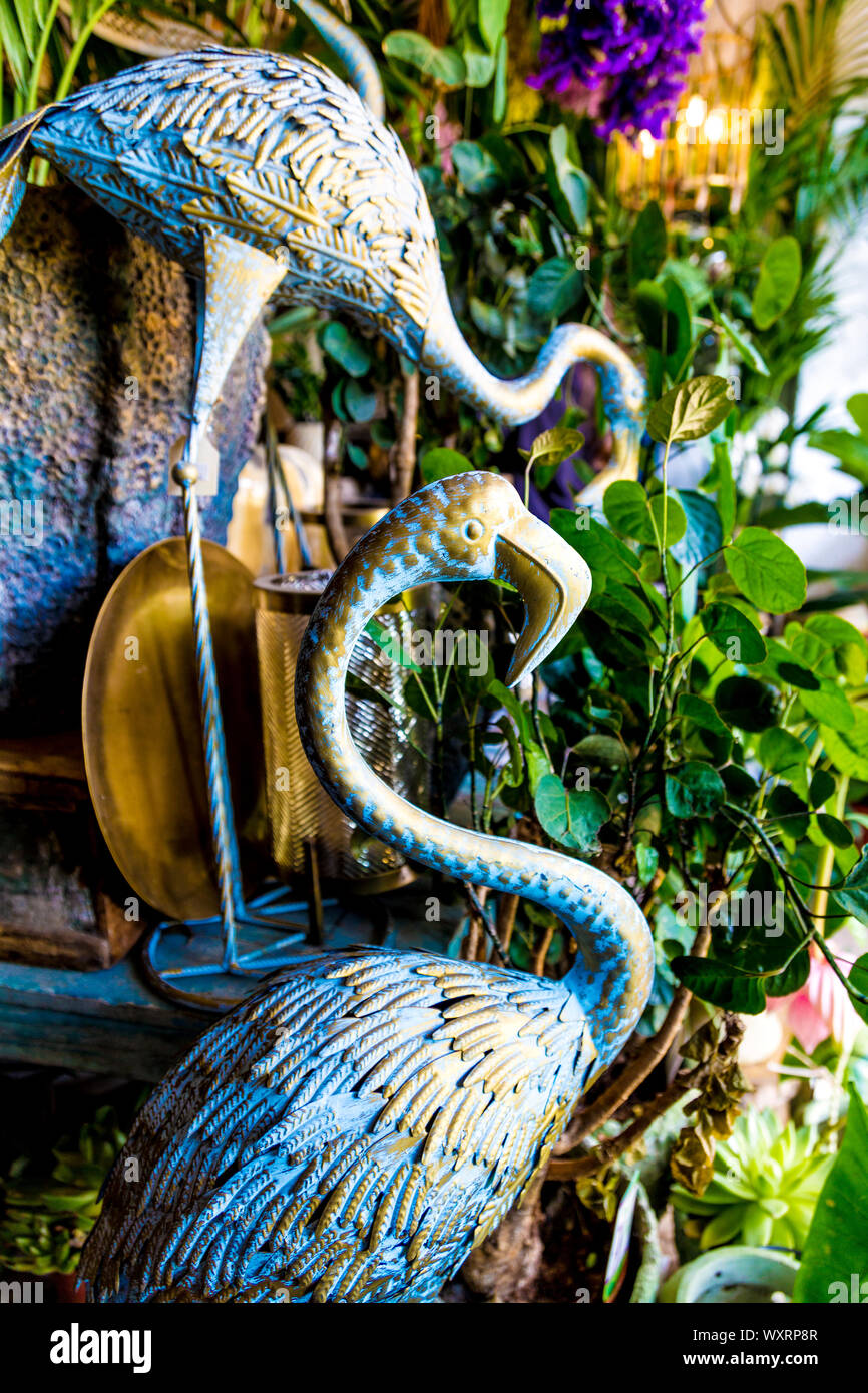 Flamingo garden sculptures at Atelier de Kentia florist shop in Sant Francesc Xavier, Formentera, Balearic Islands, Spain Stock Photo