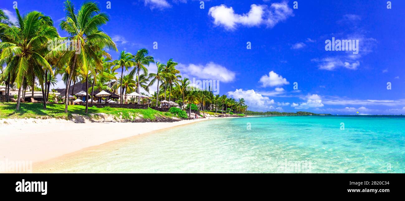 Tropischer Urlaub und Luxusresorts auf der Insel Mauritius. Schöner Strand belle Stute Stockfoto