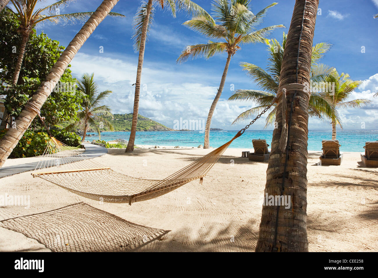 Inselparadies Strand private exklusive Mustique karibische Palmen abgeschieden keine Menschen Himmel Sand Meer verlassene Sonne Meer Hängematte blau Stockfoto