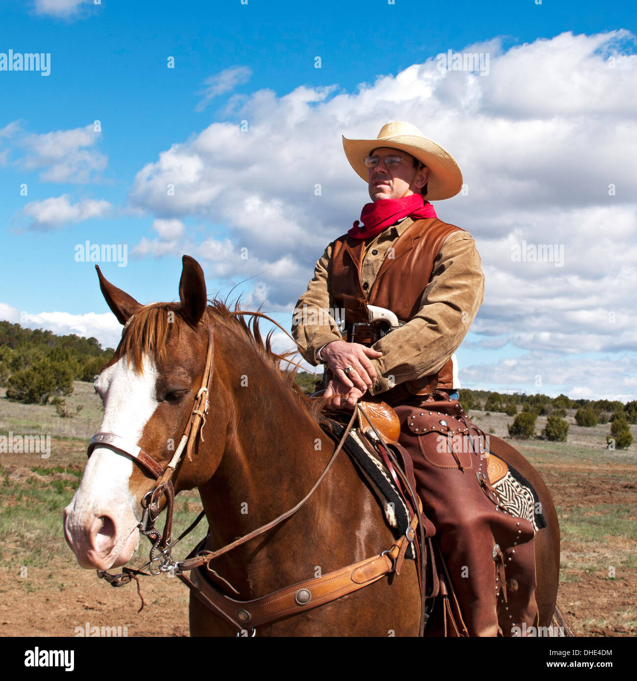 Cowboy auf Pferd, Ende der Trail Wildwest-Jubiläum, in der Nähe von Albuquerque, New Mexico, Vereinigte Staaten Stockfoto