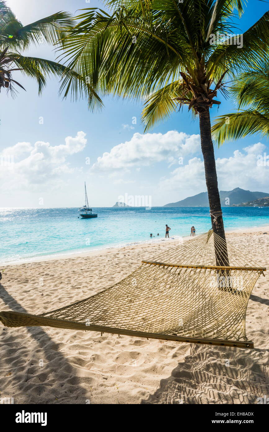 Hängematte zwischen zwei Palmen am Sandstrand, Palm Island, The Grenadines, Windward-Inseln, West Indies, Karibik Stockfoto