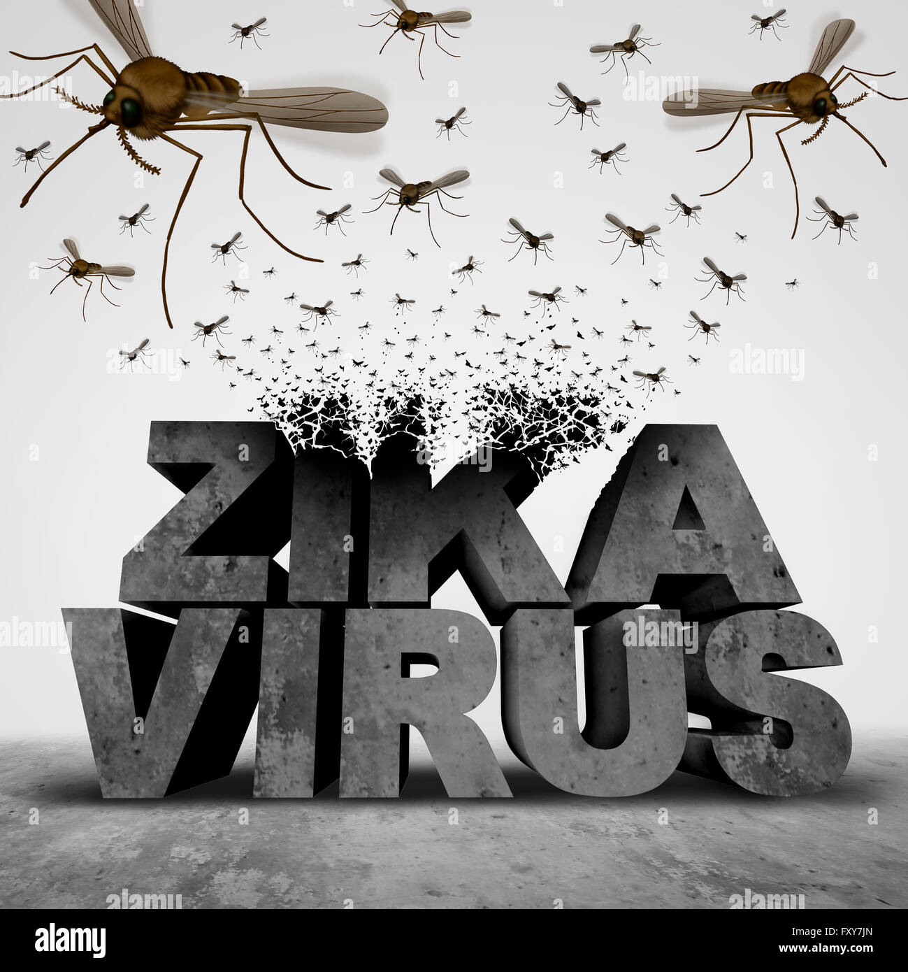 Zika Virus Gefahr Konzept als eine 3D-Illustration Text Umwandlung zu einer Gruppe von Schwärmen infektiöse Mücken, die Verbreitung von Krankheiten als Ausbruch Epidemie Gesundheit Gefahr und Angst Symbol. Stockfoto