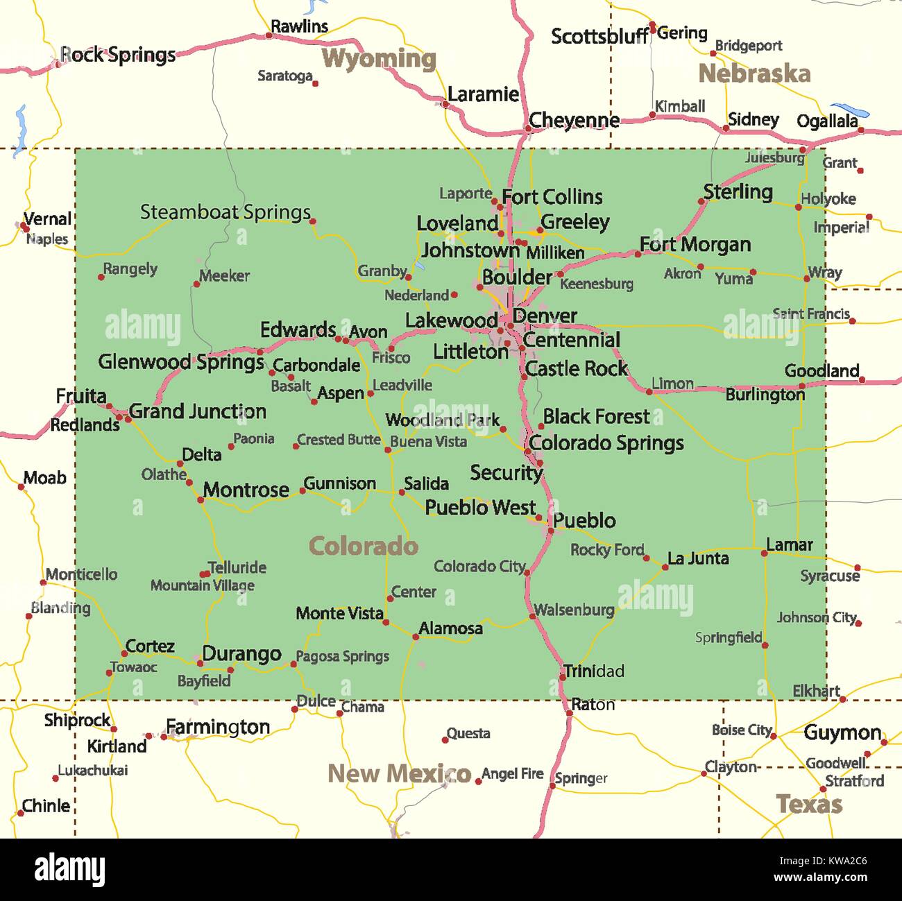 Karte von Colorado. Zeigt die Ländergrenzen, städtischen Gebieten, Ortsnamen, Straßen und Autobahnen. Projektion: Mercator. Stock Vektor