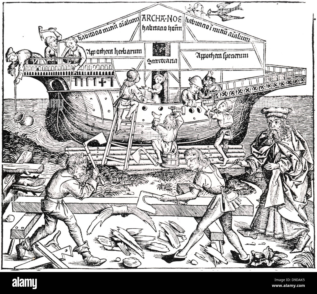 La supervision de la Noé construire l'arche. Illustration de l'épisode décrit dans les chapitres 6 à 9 dans la genèse dans la Bible. Gravure sur bois forme Hartmann Schedel, Liber Chronicarum mundi Nurember, 1493. Banque D'Images