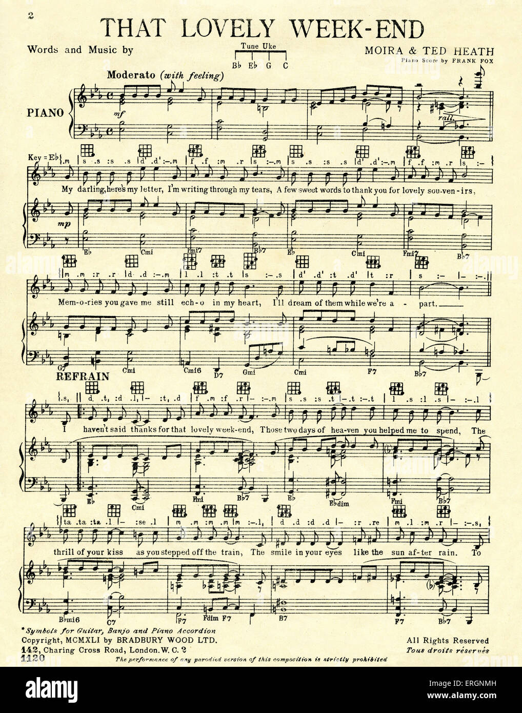 Ce week-end très agréable, - score - Musique et paroles par Moira et Ted Heath, score, publié par Bradbury Wood Ltd, Londres, 1941. "Ma chérie voici ma lettre, j'ai écrit à travers mes larmes…' Banque D'Images