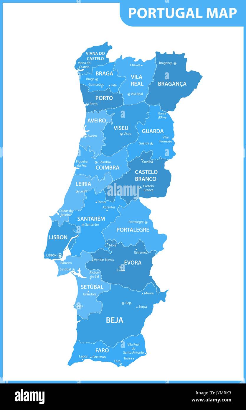 La carte détaillée du Portugal avec les régions ou États et villes,  capitales Image Vectorielle Stock - Alamy