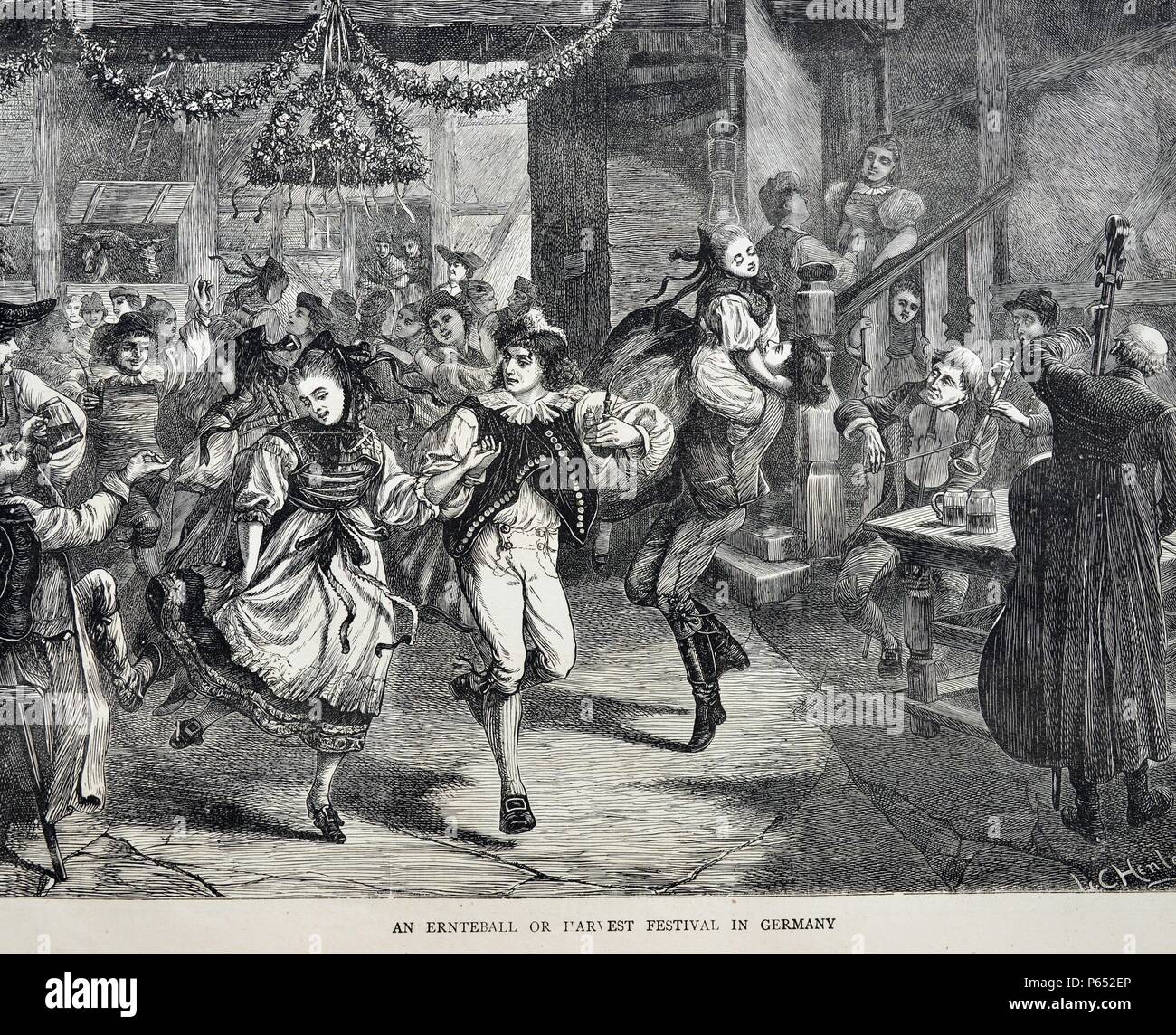 Illustration présente un éternel Harvest Festival en Allemagne. Les jeunes ont de la danse à la musique et la fête. Datée 1870 Banque D'Images