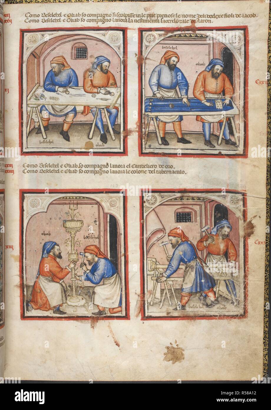 Ensemble (folio) Exode chapitres 37-39.Les artisans Betsaleel, Oholiab travailler sur Aaron, le golden vêtements bijoux chandelier, et les piliers de la cour. Bible Padoue Photo Book. N. Italie [Padoue ?] ; le dernier quart du 14e siècle. Source : ajouter. 15277, f.16. Langue : Italien. Banque D'Images