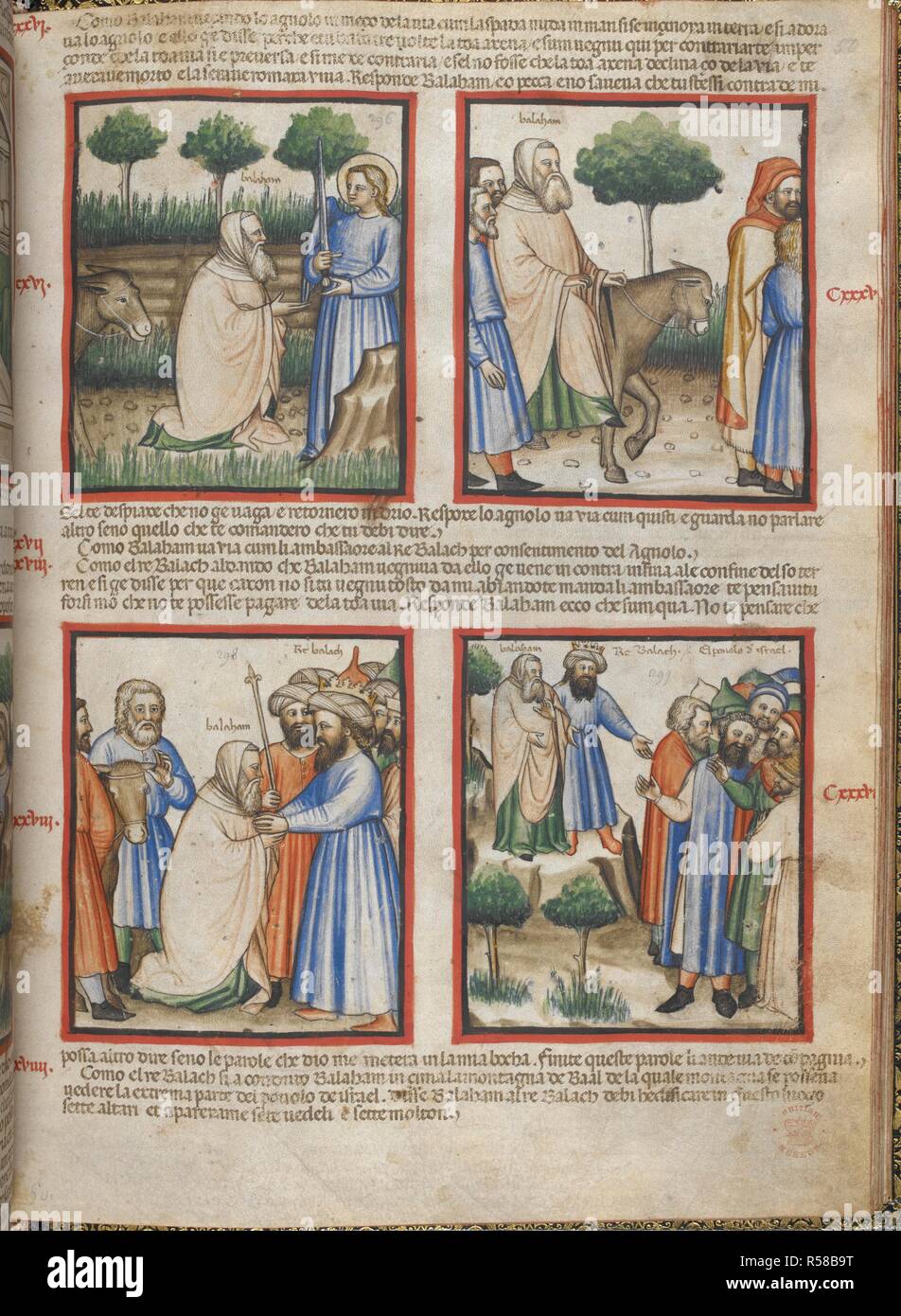 Livre des Nombres, chapitres 22-23. Balaam voit un ange qui lui dit de ne pas maudire les Israélites comme roi Balac de Moab avait demandé. Bible Padoue Photo Book. N. Italie [Padoue ?] ; le dernier quart du 14e siècle. Source : ajouter. 15277, f.50. Langue : Italien. Banque D'Images