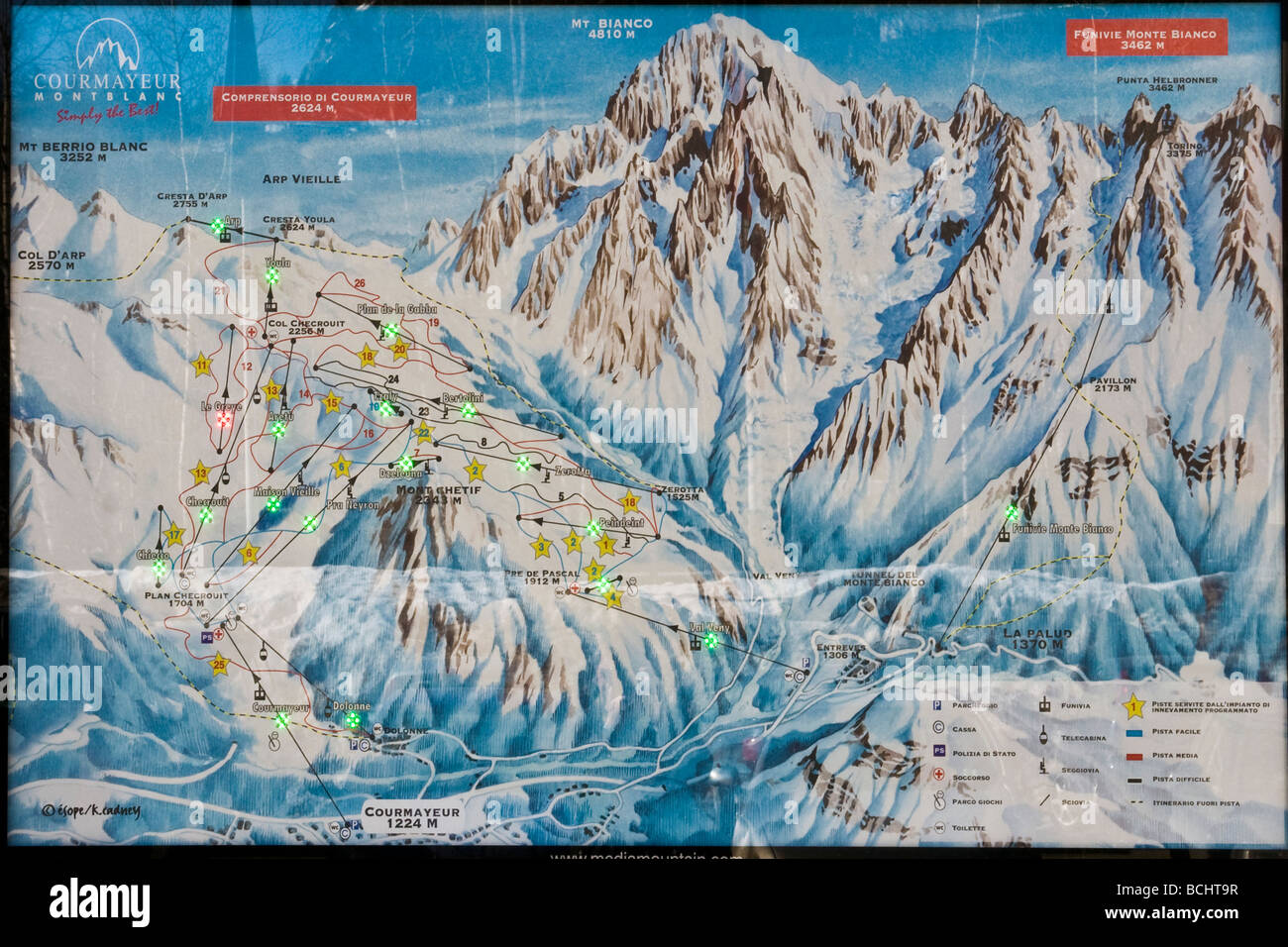 Mappa piste da sci sul Monte Bianco Aosta Italia Foto Stock