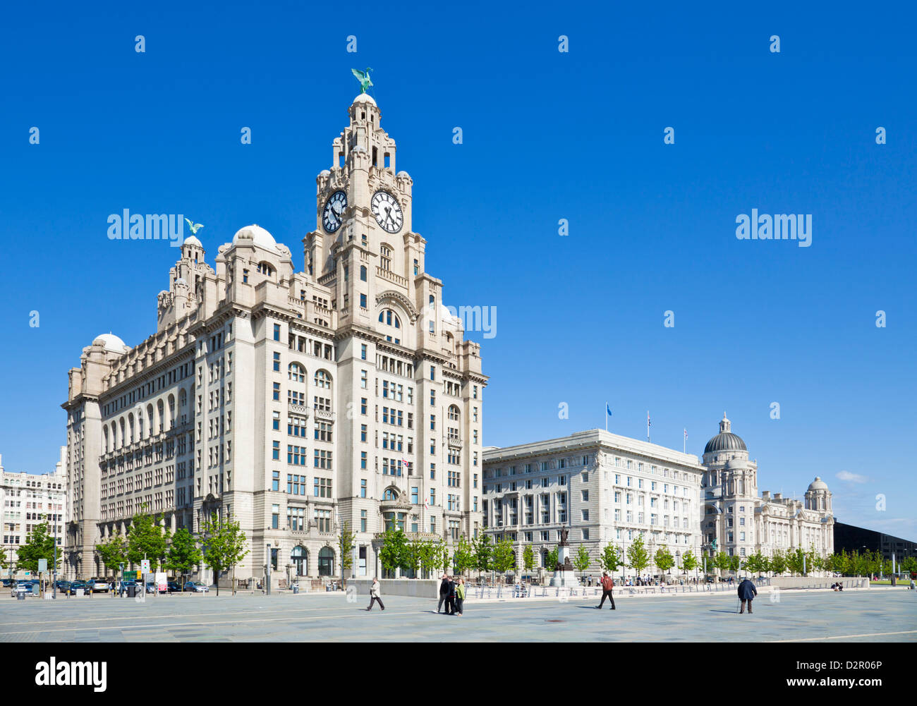 Tre Grazie edifici, Pierhead, Liverpool waterfront, Liverpool, Merseyside England, Regno Unito Foto Stock