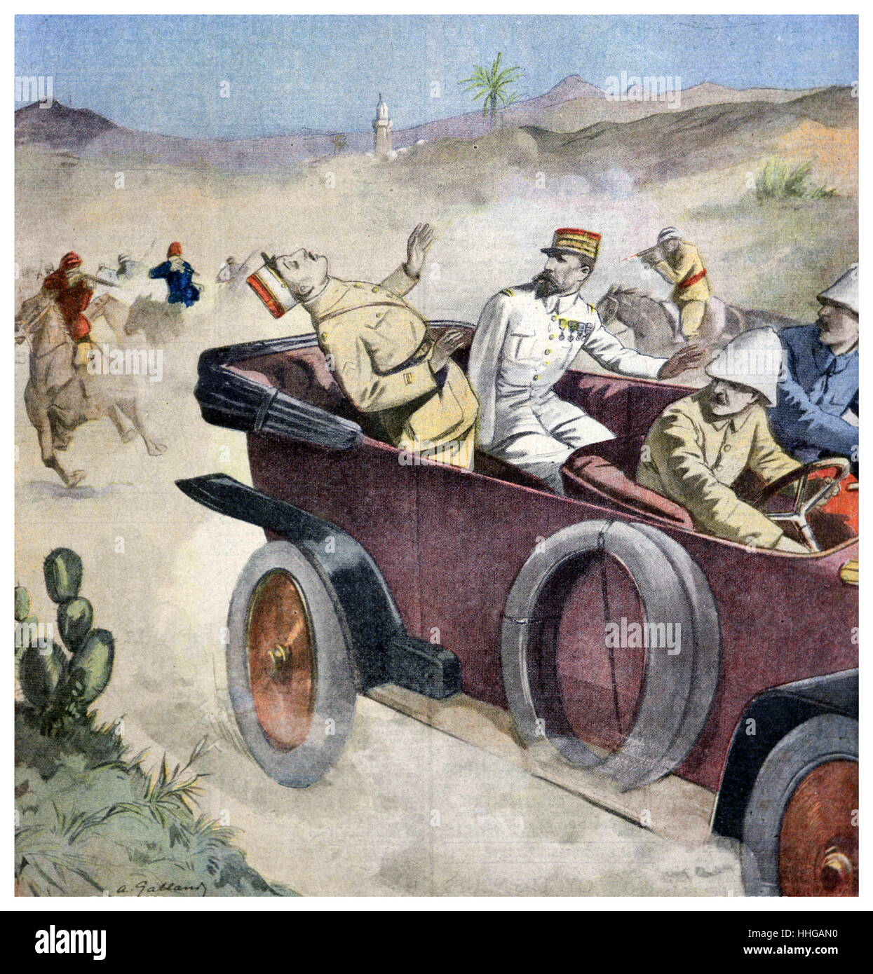 Illustrazione che mostra il tentato assassinio del francese Alto Commissario in Siria, Generale Gouraud nel 1921. seguendo il francese sta di Damasco, il folk hero Adham Khanjar del Libano meridionale in scena un tentativo fallito su Gouraud la vita il 23 giugno 1921. Henri Joseph Eugène Gouraud (17 novembre 1867 - 16 settembre 1946) è stato un generale francese Foto Stock