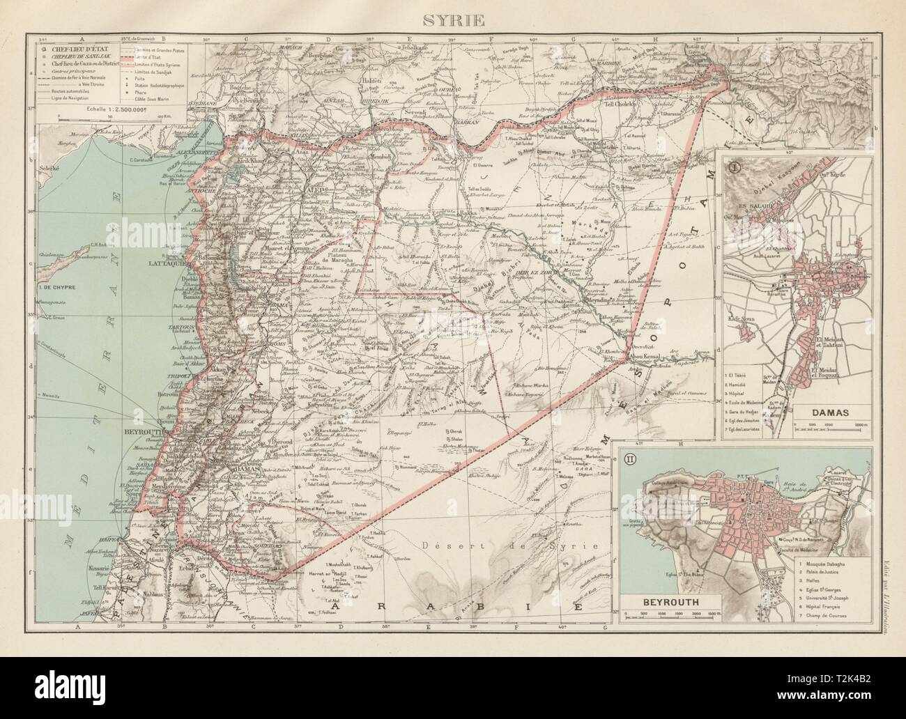 Coloniale Francese SIRIA LIBANO SIRIA LIBANO français Damasco Beirut plan 1929 mappa Foto Stock