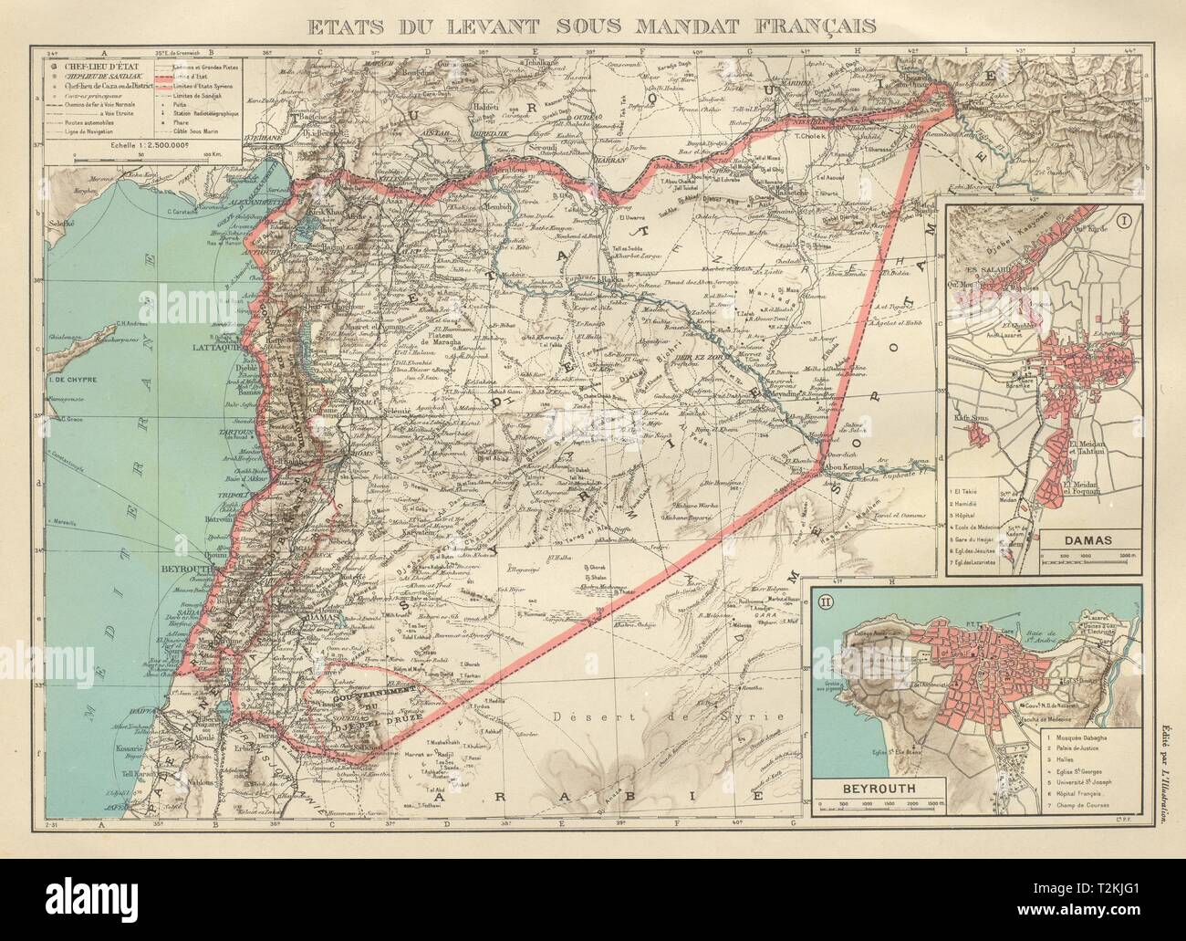 Coloniale Francese SIRIA LIBANO SIRIA LIBANO français Damasco Beirut plan 1931 mappa Foto Stock