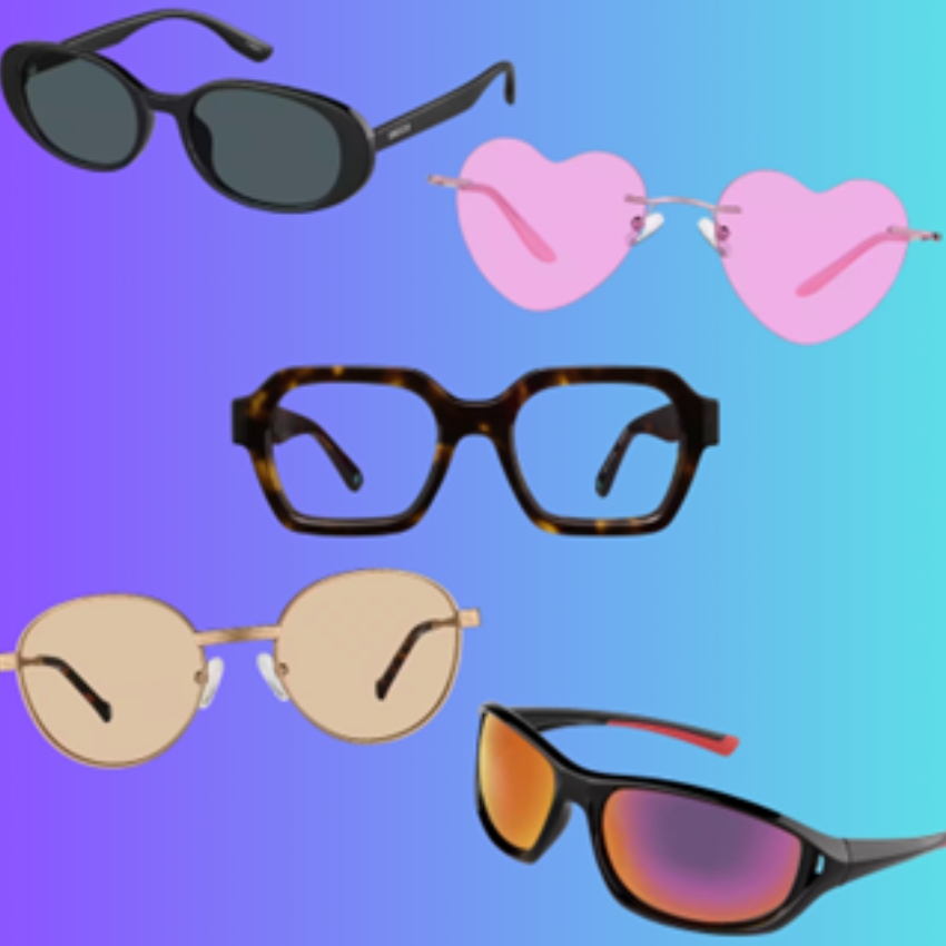 Five styles of frames: black oval sunglasses, pink heart-shaped sunglasses, tortoiseshell square glasses, round gold glasses, and sporty black sunglasses with mirrored lenses.