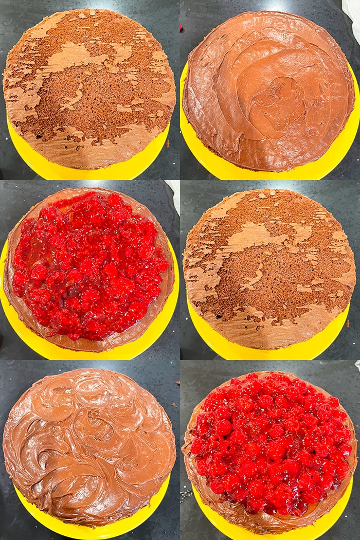 Collage Image With Step By Step Pictures on How to Make Chocolate and Raspberry Cake With Cake Mix