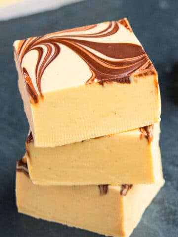 Stack of Slices of Easy Chocolate Peanut Butter Fudge (Tiger Fudge) on Dark Gray Background.