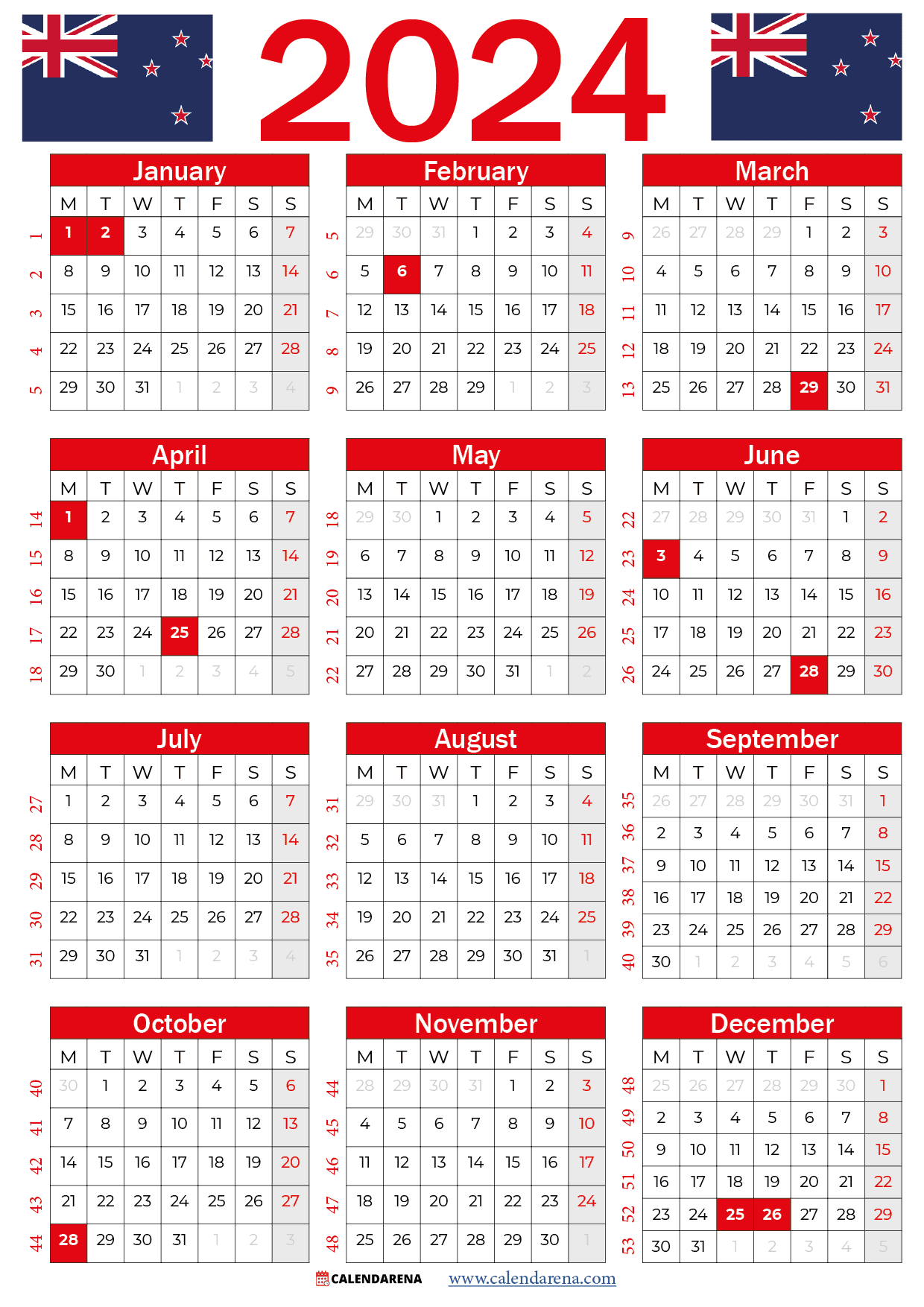 Calendar 2024 NZ with holidays and festivals Calendarena