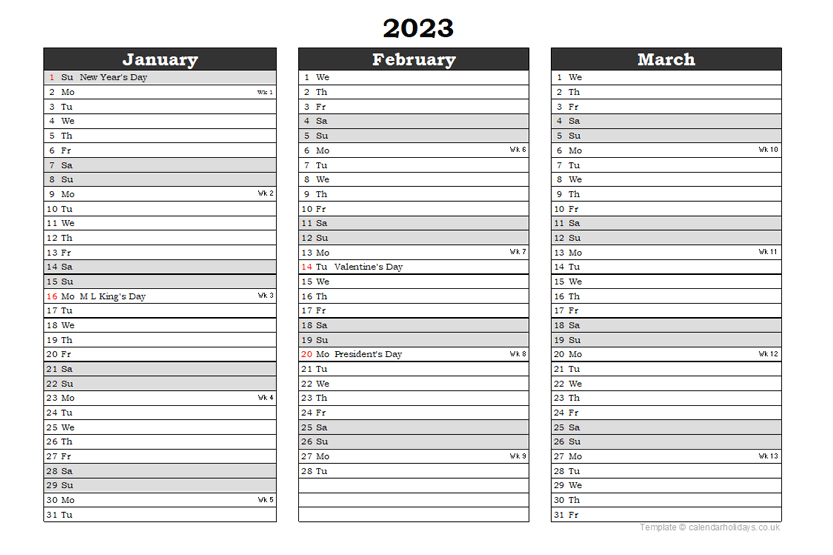 2023 Quarterly Template - CalendarHolidays.co.uk