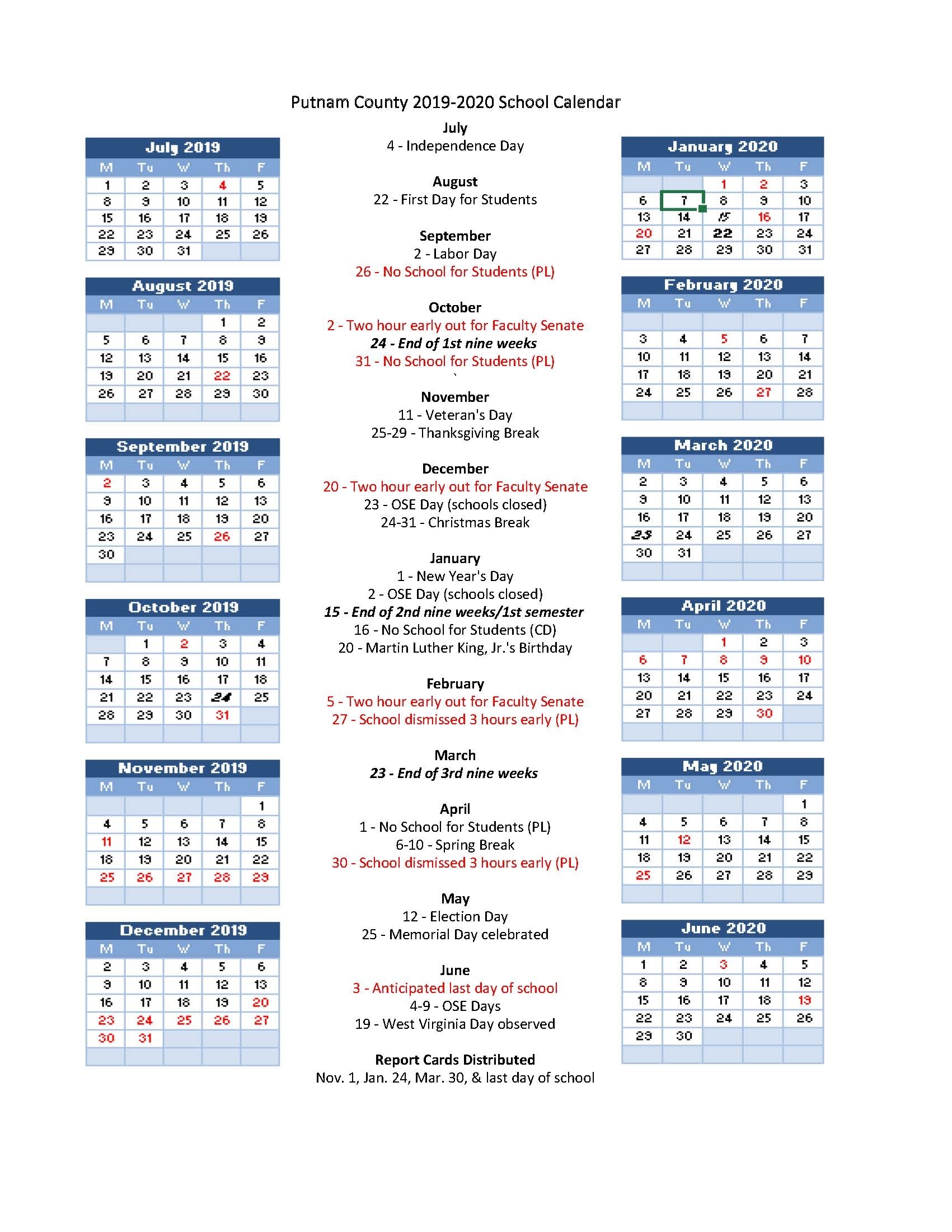 Pcs 2019-2020 School Calendar Highlights - Putnam County Schools with regard to Virginia Tech Academic Calendar 2019 2020