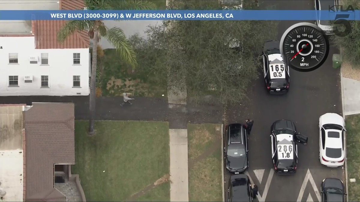 The pursuit of a domestic violence suspect in L.A. has ended in gunfire.