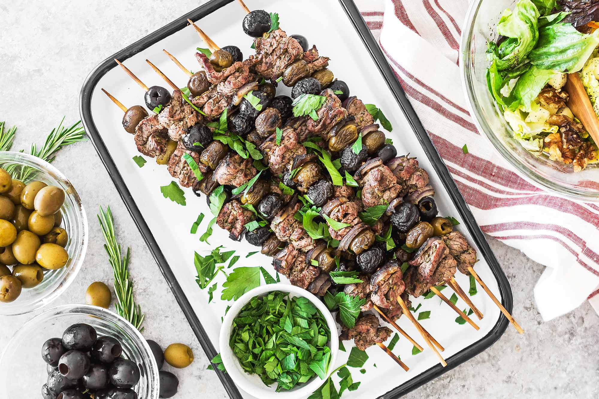 Rosemary Olive Steak Skewers