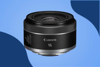 Best Canon RF lens - Canon RF 16mm f/2.8 STM - on blue background