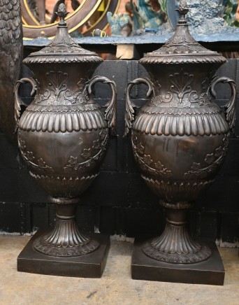 Pair Classical Bronze Garden Urns English Amphora Form Vase