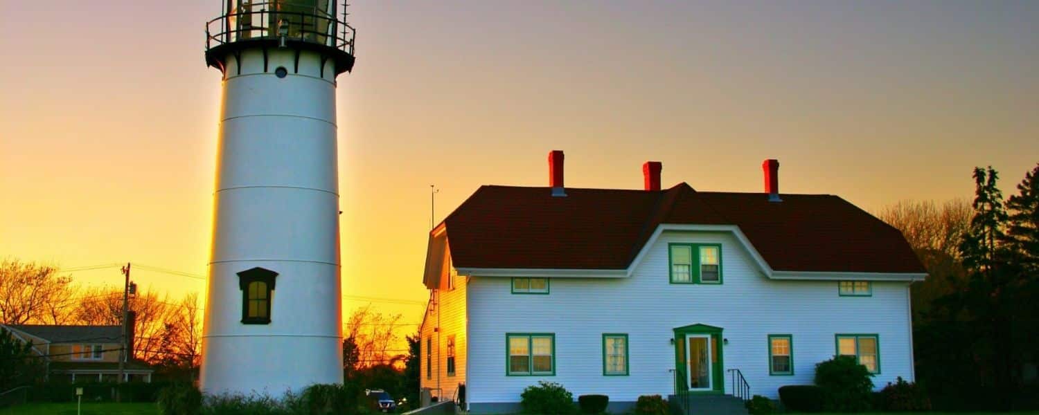 Chatham Lighthouse, one of the iconic Cape Cod landmarks, at sunset