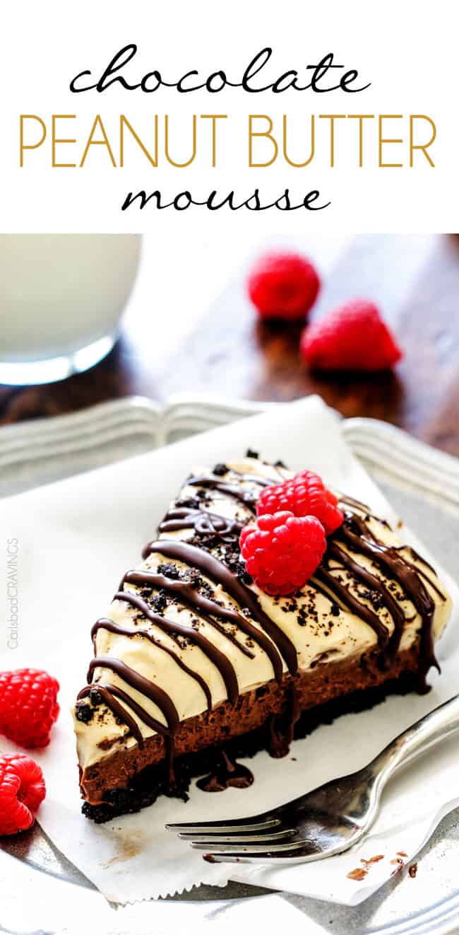 Creamy, rich chocolate mousse smothered with silky peanut butter whipped cream cradled in an Oreo crust. You won’t be able to stop eating this pie!