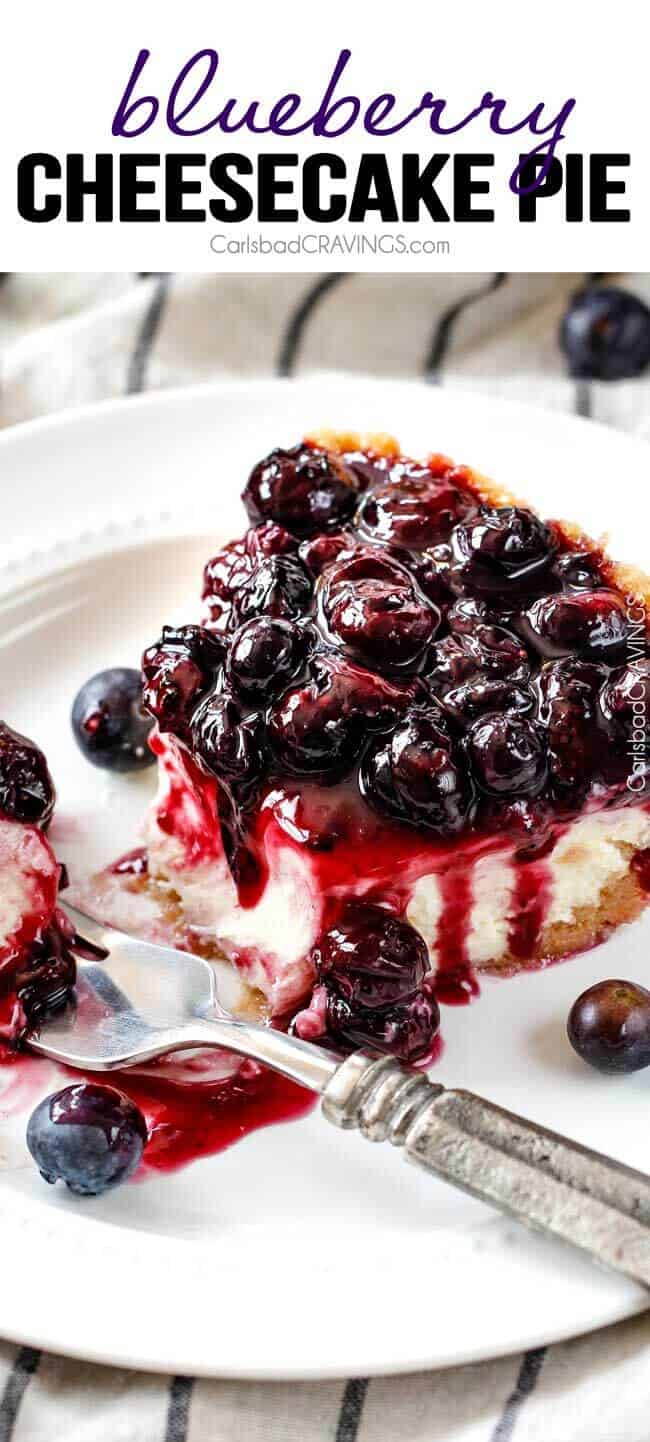 Blueberry Cheesecake Pie - This is my family's favorite dessert and its made extra easy in pie form! The cheesecake is creamy, rich and delicious and the homemade blueberry sauce is sweet and tangy and simply the best ever!