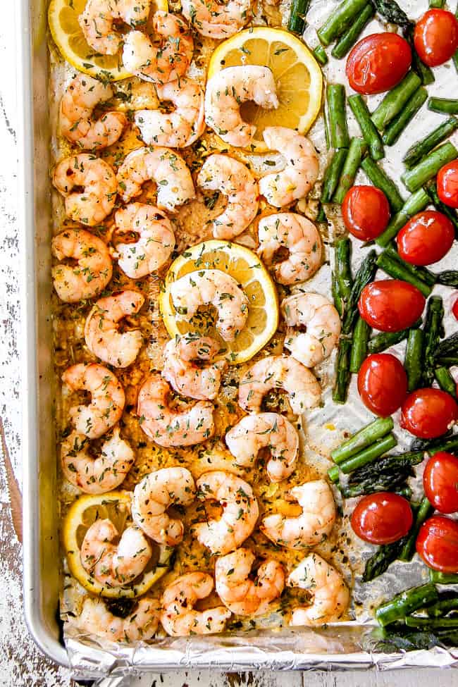 top view of shrimp scampi without wine on a baking sheet