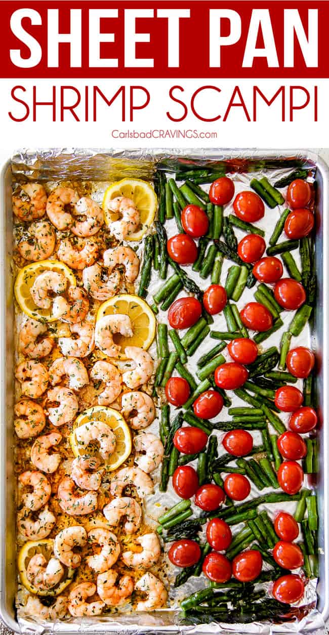 top view of shrimp scampi on a baking sheet