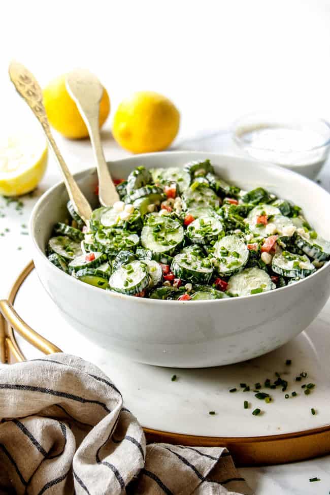 far away view of cucumber salad recipe with sour cream dressing