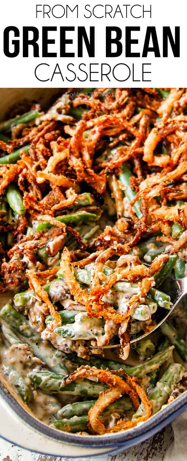 up close of best green bean casserole recipe in a 9x13 pan