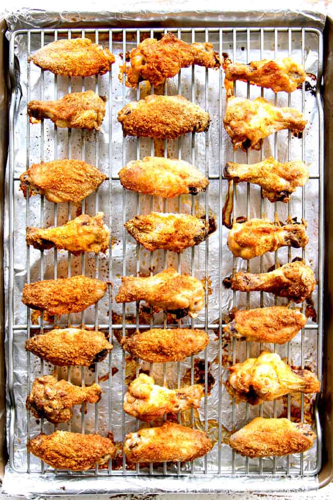 showing how  to make baked Korean Chicken Wings by baking on a baking rack on a baking sheet until crispy