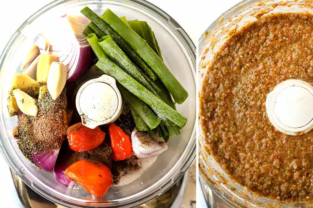 a collage showing how to make Jerk Chicken Recipe by making jerk sauce by adding Scotch Bonnet peppers, green onions, ginger, garlic, thyme, allspice, nutmeg, cinnamon to a food processor and processing until smooth