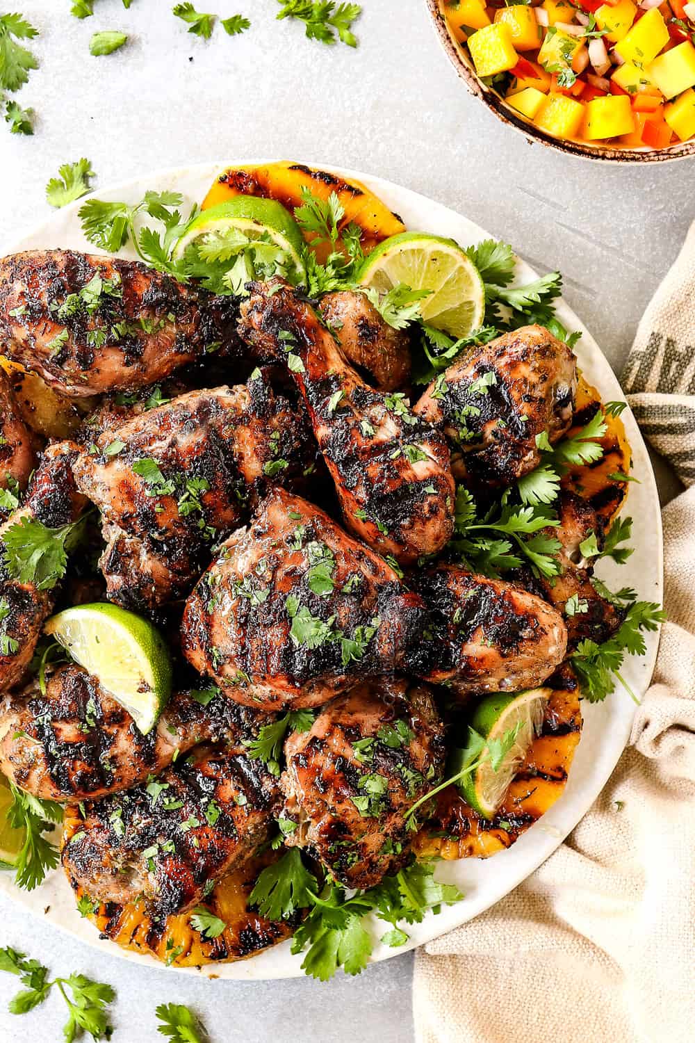 up close top view of Jamaican Jerk Chicken recipe garnished with cilantro