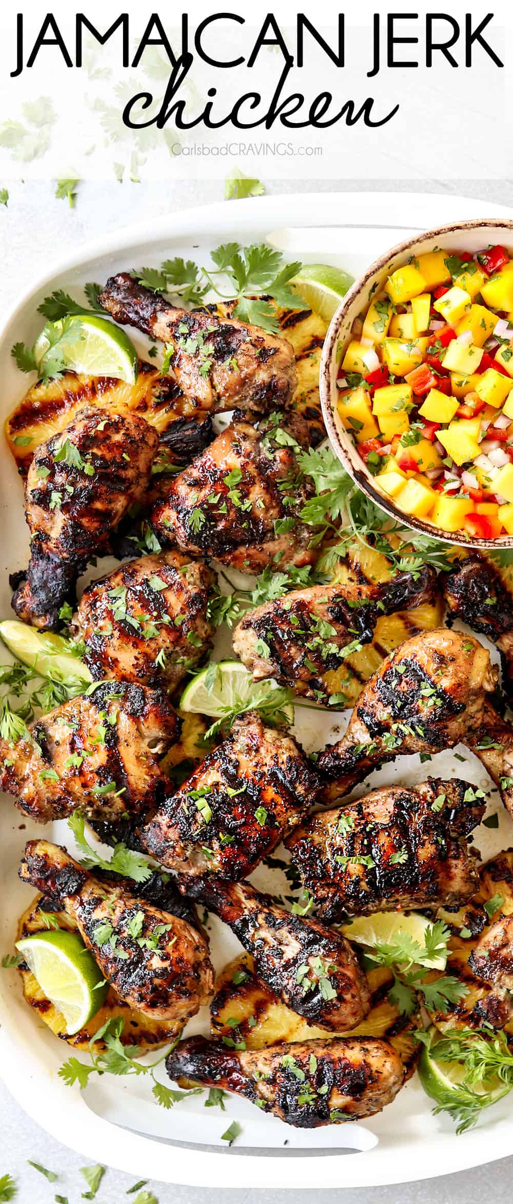 top view of Jamaican Jerk Chicken on a white platter