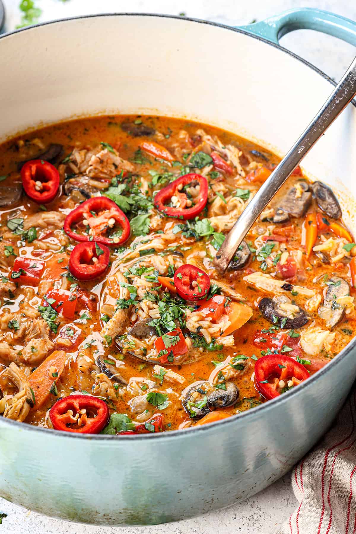 Coconut curry chicken soup in a large soup pot with vegetables 