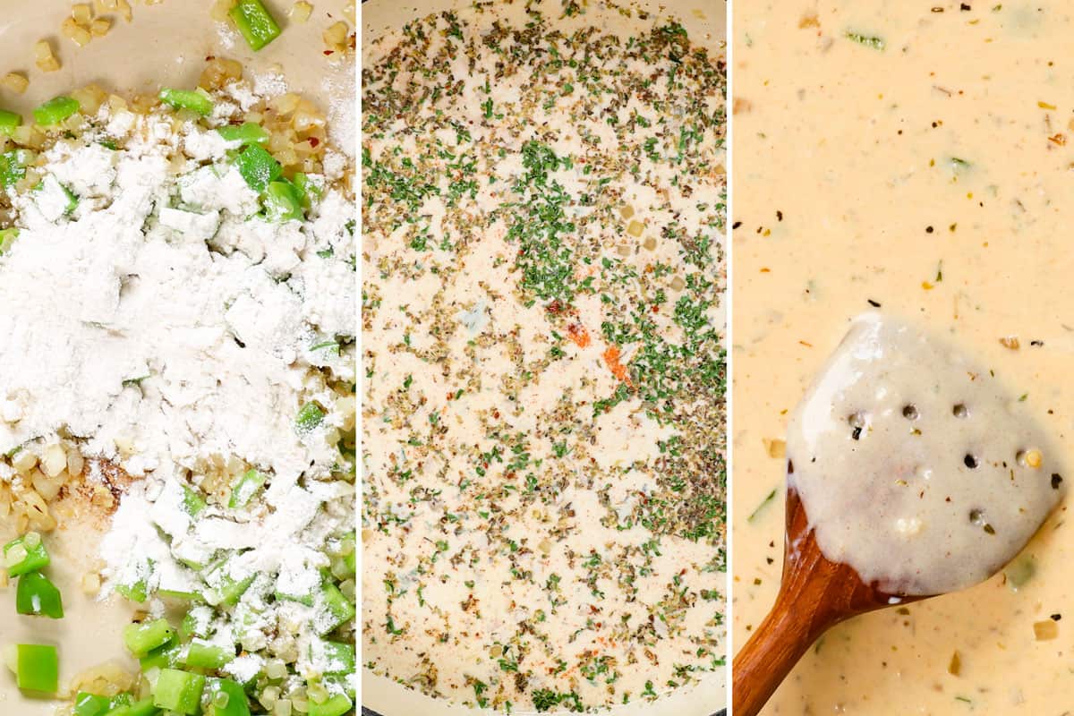 a collage showing how to make Philly Cheesesteak Pasta by 1) adding flour to create a roux, 2) adding broth, half and half and spices, 3) simmering until thickened