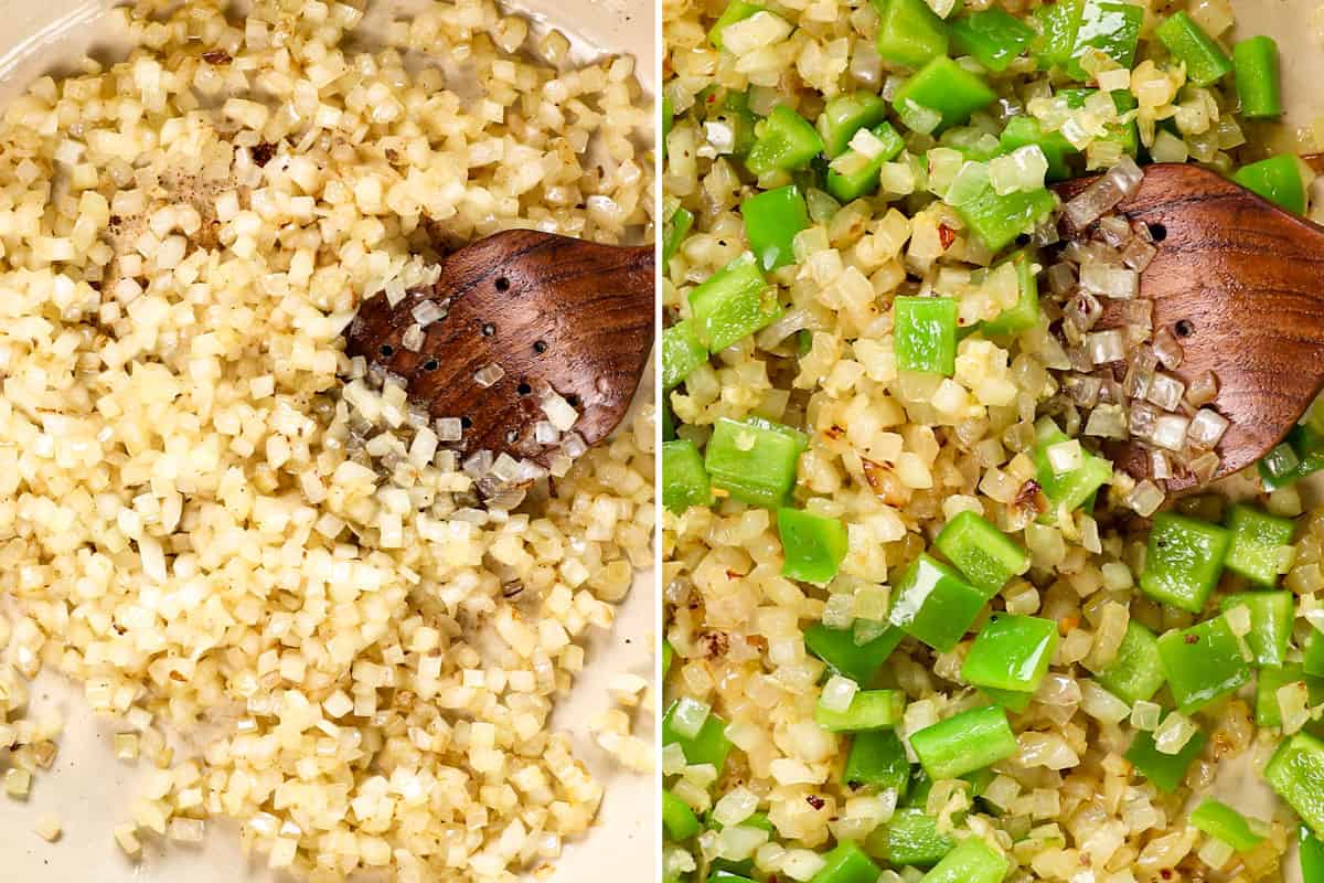 a collage showing how to make Philly Cheesesteak Pasta with ground beef by sautéing onions, then adding the bell peppers and garlic 