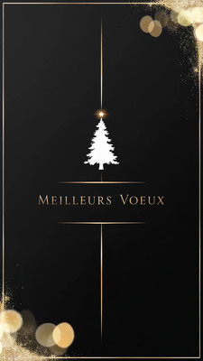 Carte virtuelle de vœux sobre avec un sapin blanc sur fond noir pour souhaiter une bonne année