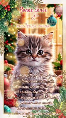 Carte virtuelle d'exemple de vœux de bonne année par SMS avec un chaton et des décorations de Noël