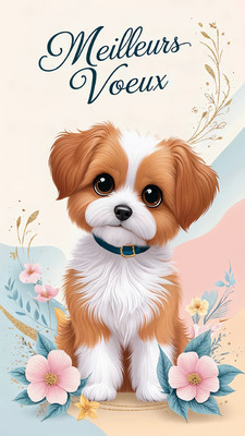 Carte virtuelle animée représentant un chiot mignon avec des fleurs pour souhaiter de joyeux voeux à sa famille