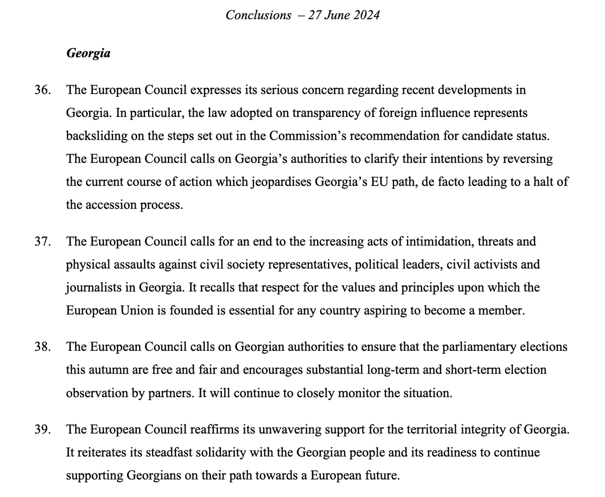 @EUCouncil adopted the meeting conclusions, calling on Georgia’s authorities to clarify their intentions by reversing the current course of action which jeopardises Georgia’s EU path, de facto leading to a halt of the accession process